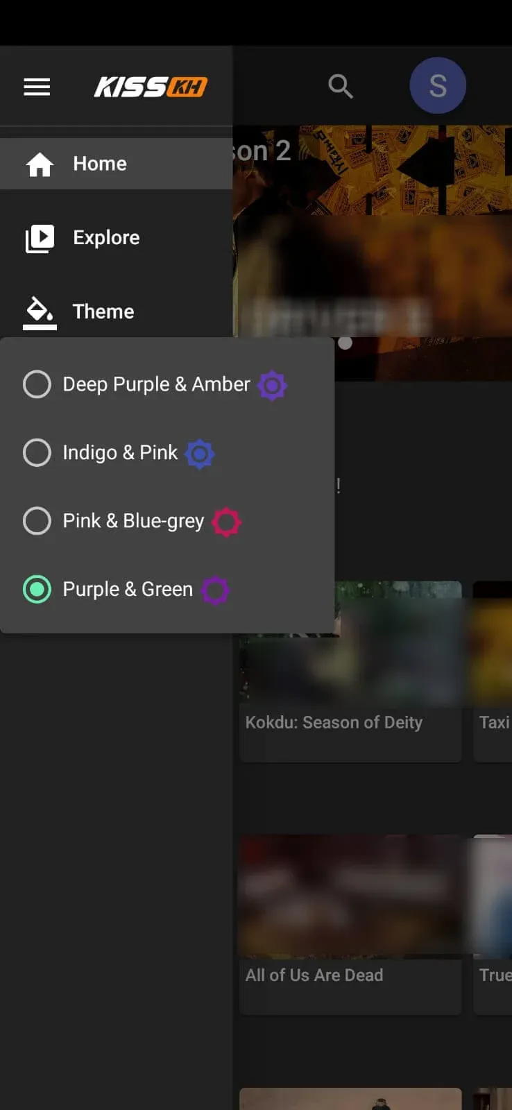 Kisskh theme picker with multiple color options